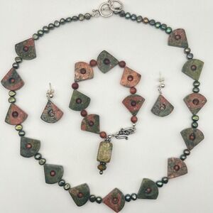 Unakite & Goldstone Sterling Silver Jewelry Set – Necklace,‎ Bracelet, Earrings